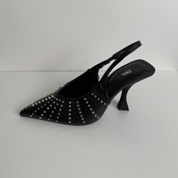 Zara Sexy Edgy Studded Sling Back Heels Black Size 36 - Picture 8 of 11